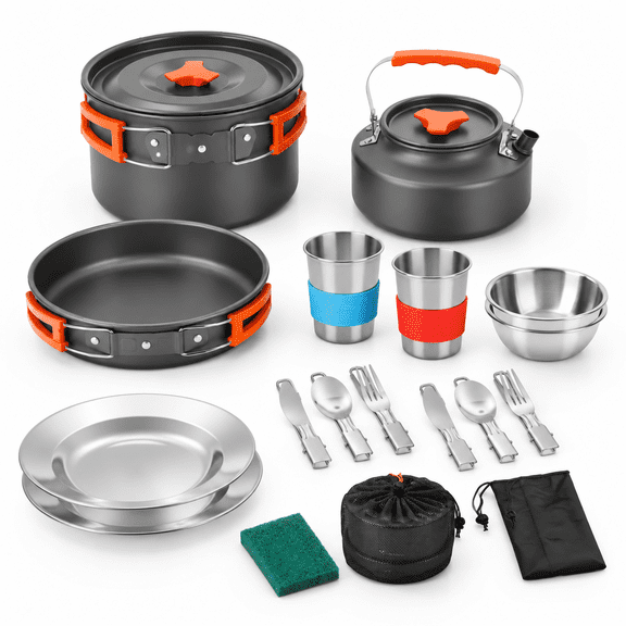 2-Person Lightweight Camping Mess Kit, Non-Stick Cookware Set for Hiking Picnic