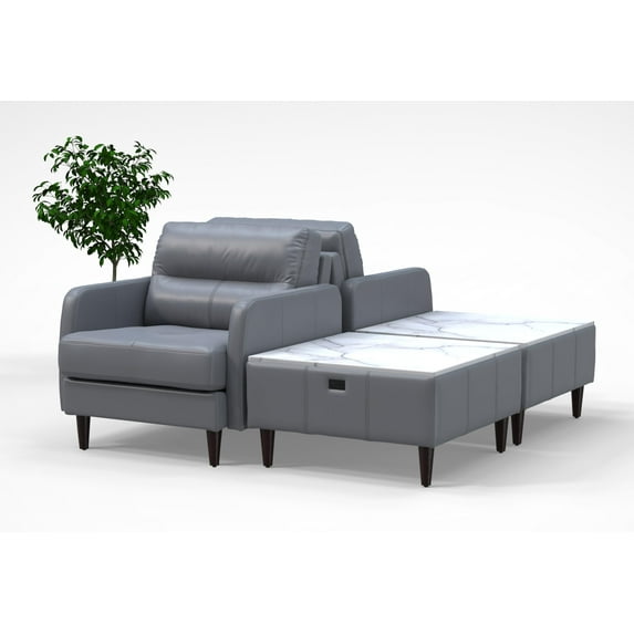 2 Person Lobby Waiting Reception Lounge Chairs Set with Charging Tables Genuine 100% Leather Color Graphite Gray Corporate Offices Commercial Retail Spaces Model 9083 4pc.