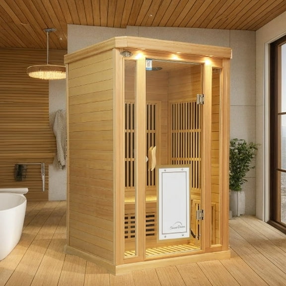 2 Person Low EMF Far Infrared Indoor Home Sauna Room, 1800W Hemlock Wood Home Room Spa With Touch Intelligent Panel, Bluetooth Reading Light, 47.2 * 39.4 * 74.8in