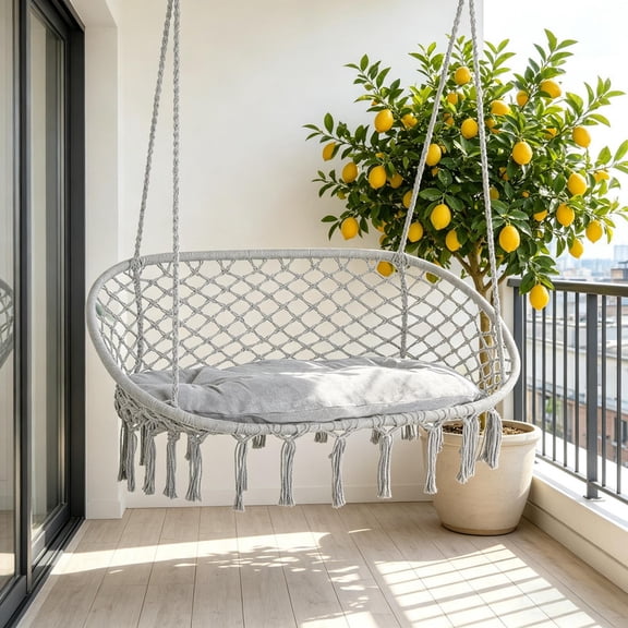 2-Person Macrame Hammock Chair Swing with Soft Cushion Heavy Duty 396 lbs Capacity, Cotton Rope Hanging Chair Chair for Patio, Garden, Bedroom & Balcony