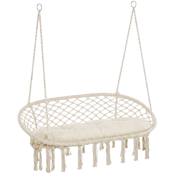 2-Person Macrame Hammock Chair Swing with Cushion, Hanging Cotton Rope Seat for Indoor/Outdoor, White - Boho Style, 396lbs