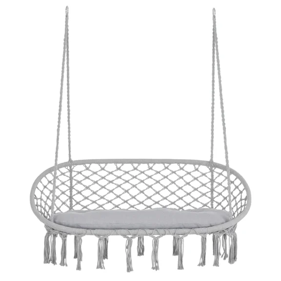 2-Person Macrame Hammock Chair with Soft Cushion, Light Gray Solid