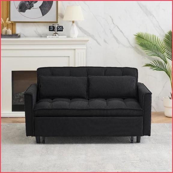 2-Person Modern Fabric Sofa Bed with Pillows - Small Space Friendly | Split Back | Fabric | Black