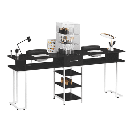 TABU 71" Double Manicure Table with Dust Collector for Nail Salon,Large 2-Person Professional Nail Desk with Display Cabinet,Storage Drawer,Black
