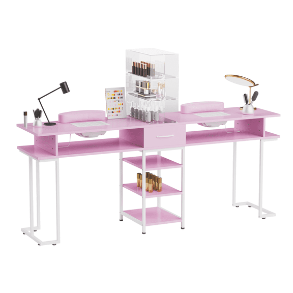 TABU 71" Double Manicure Table with Dust Collector for Nail Salon,Large 2-Person Professional Nail Desk with Display Cabinet,Storage Drawer,Pink