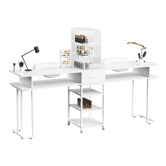 TABU 71" Double Manicure Table with Dust Collector for Nail Salon,Large 2-Person Professional Nail Desk with Display Cabinet,Storage Drawer,White 