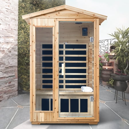 2 Person Old Fir Far Infrared Outdoor Sauna Room, 1750W 6 Heating Panels, Waterproof Wooden Home Sauna with LCD Touch Control, Bluetooth Speaker, LED Lights, 120V US Plug for Backyard Patio Spa