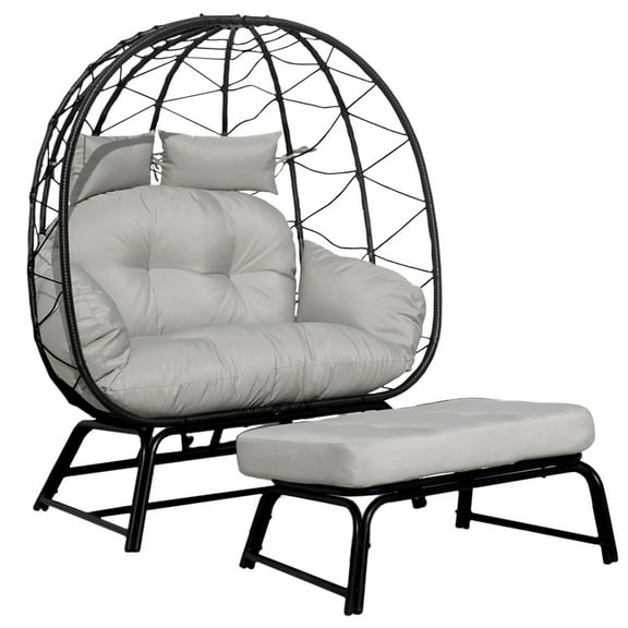 2 Person Outdoor Egg Chair w/Ottoman PE Rattan Patio Wicker Papasan Chair w/Cushion for Bedroom Living Room Balcony Backyard