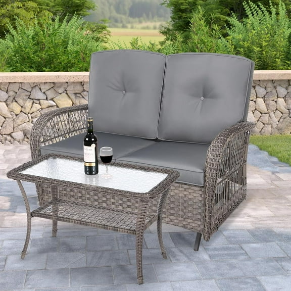 2-Person Outdoor Glider Bench Patio Double Swing Rocking Chair with Glass-Top Coffee Table, Patio Glider Wicker Porch Loveseat Seating Patio Steel Frame Chair Set with Cushion, Gray