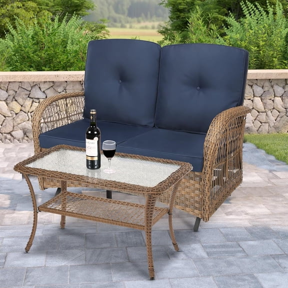 2-Person Outdoor Glider Bench Patio Double Swing Rocking Chair with Glass-Top Coffee Table, Patio Glider Wicker Porch Loveseat Seating Patio Steel Frame Chair Set with Cushion, Navy Blue