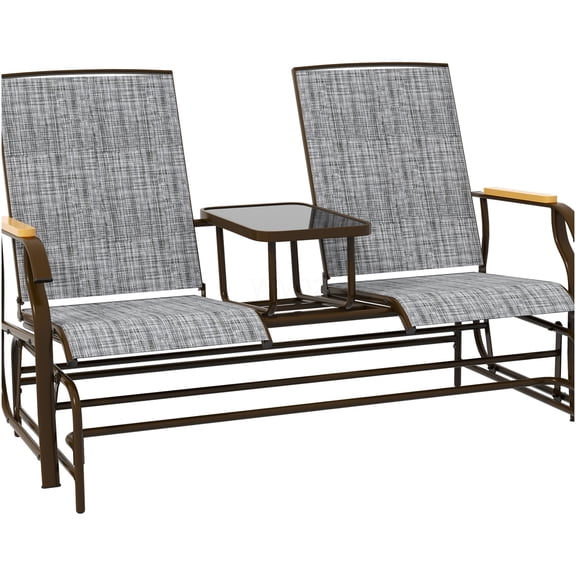 2 Person Outdoor Glider Bench with Center Table, Weather-Resistant Steel Frame & Breathable Mesh Seating for Porch, Garden, Patio Swing