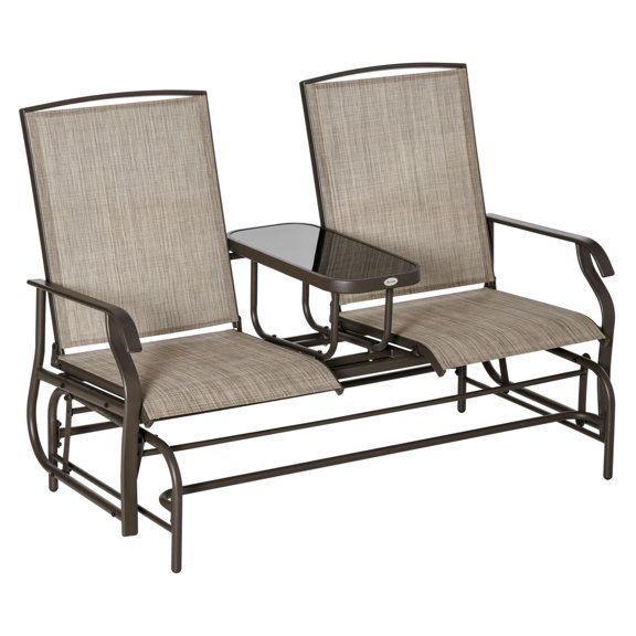 2-Person Outdoor Glider with Center Table, Patio Rocking Chair Loveseat with Breathable Mesh for Backyard Garden Porch, Brown