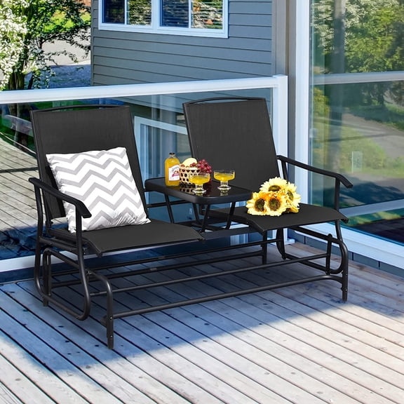 2-Person Outdoor Glider with Glass Table - Black  Swing Bench for Garden