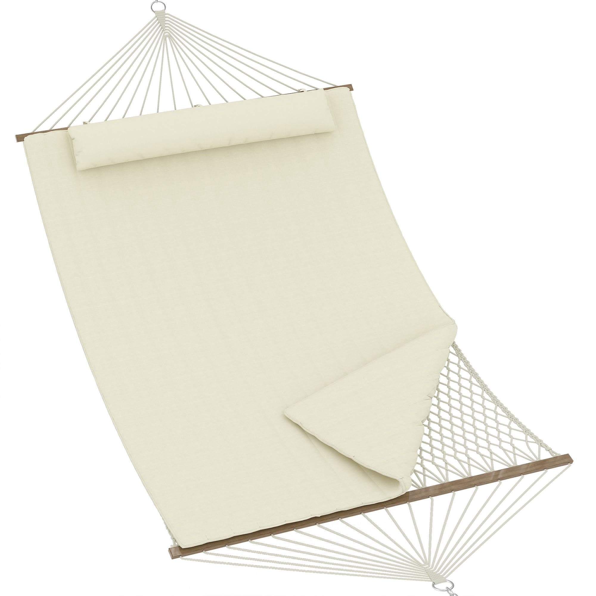 2 Person Outdoor Hammock,  450 Pounds Maximum Weight, Cotton Rope Hammock with Polyester Pad, 2-in-1 Hammock for Patio, Backyard, Garden, Beach (Beige)