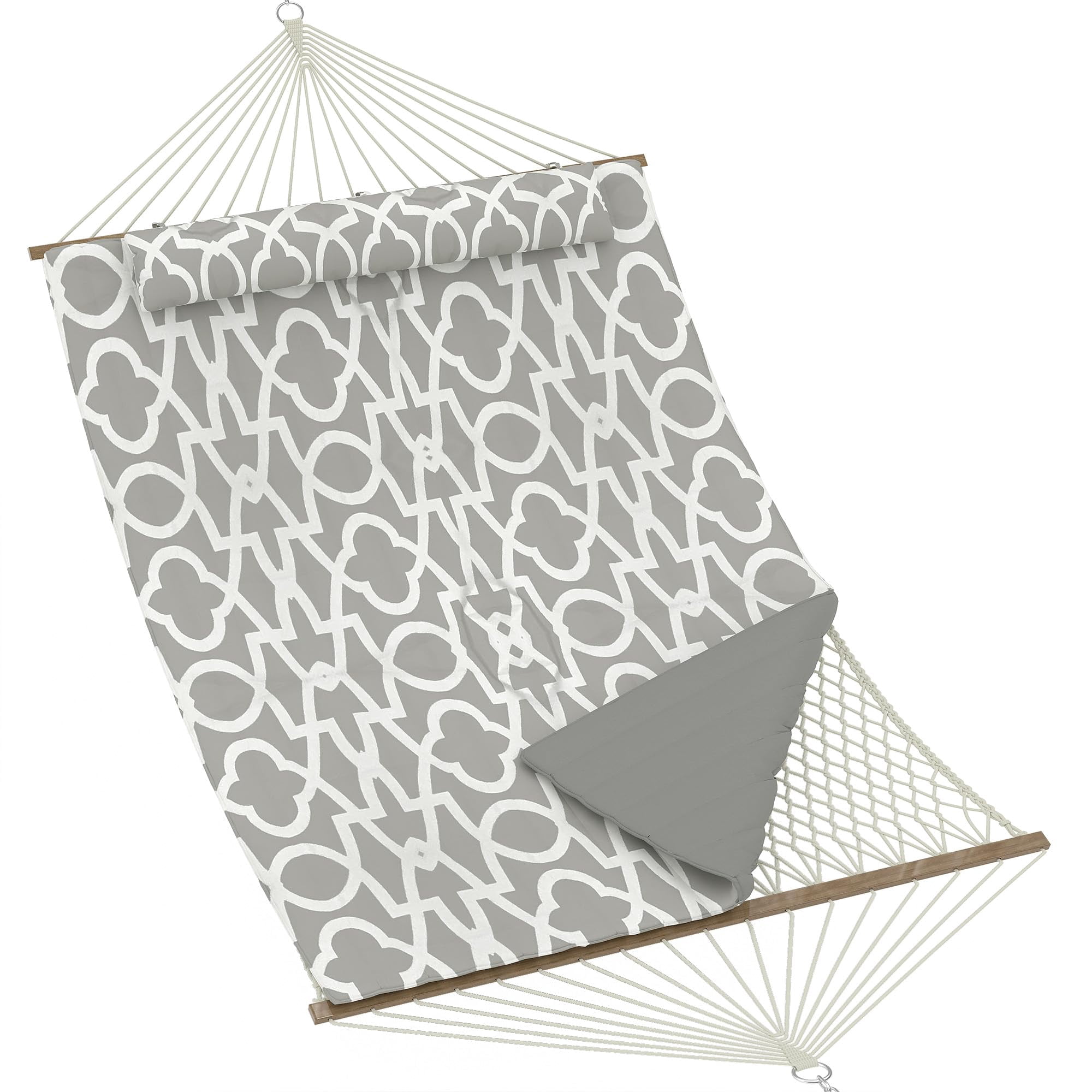 2 Person Outdoor Hammock,  450 Pounds Maximum Weight, Cotton Rope Hammock with Polyester Pad, 2-in-1 Hammock for Patio, Backyard, Garden, Beach (Light Gray Stripes)