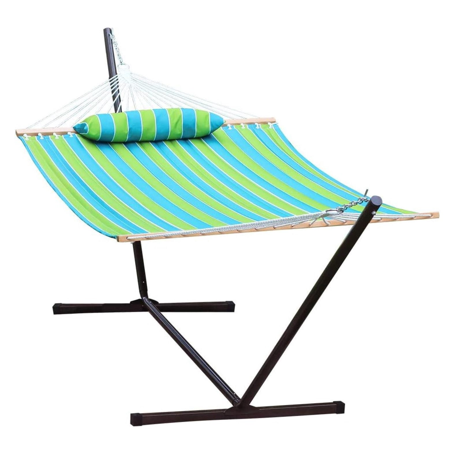 2 Person Outdoor Hammock with Curved Spreader Bar, Heavy Duty Hammock with Stand for Outside, Hamacas para Adultos with Pillow, Amacas for Garden, Backyard, Pool, Beach, Green Stripe