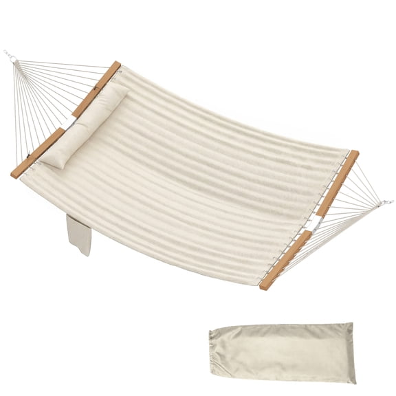 2-Person Outdoor Hammock with Quilted Pad, Head Pillow, Wood Spreader Bars, 128 in x 55 in, for Patio Yard Garden