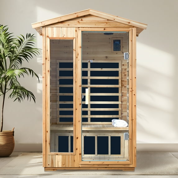 2 Person Outdoor Home Far Infrared Sauna, 1750W Old Fir Outdoor Infrared Sauna Dry Sauna with Color Lighting & Bluetooth Speaker Reading light & Touch control for Backyard