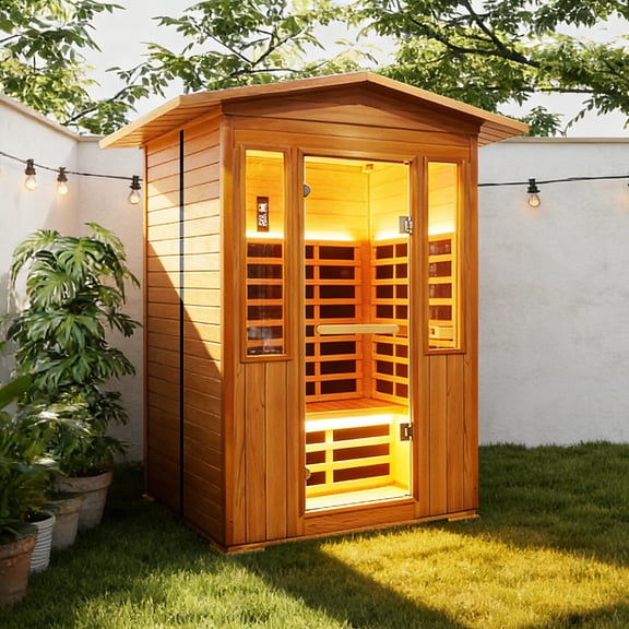 2-Person Outdoor Infrared Sauna, Red Cedar & Douglas Fir, 2250W with 9 Heating Plates, Backyard Home Spa