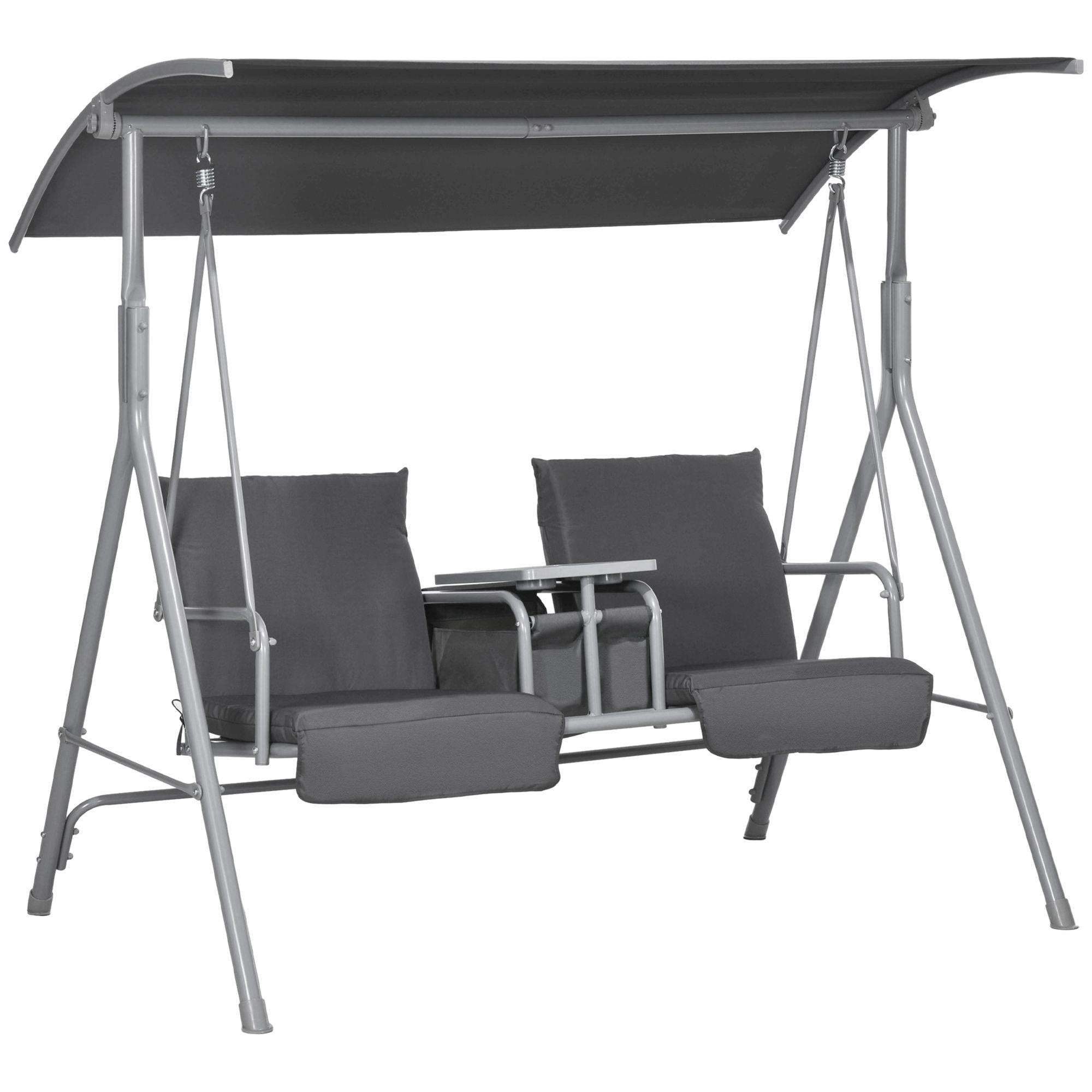 2 Person Outdoor Porch Swing with Adjustable Canopy, Patio Swing Bench with Cupholders Center Tray Hidden Storage, Soft Cushioned Steel Frame Supports 400lbs for Backyard Lawn