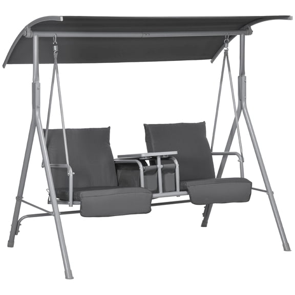 2 Person Outdoor Porch Swing with Adjustable Canopy, Patio Swing Bench with Cupholders Center Tray Hidden Storage, Soft Cushioned Steel Frame Supports 400lbs for Backyard Lawn