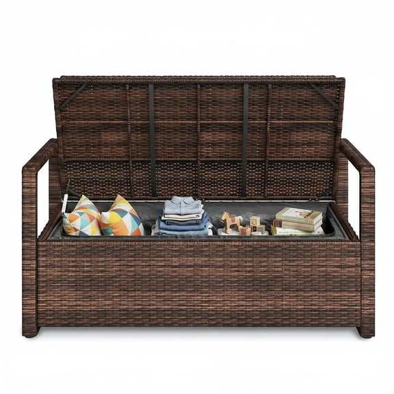 2-Person Outdoor Rattan Storage Bench with Cushion – Multi-Functional Waterproof Patio Deck Box – Backrest & Armrests – Metal Frame for Garden, Balcony, Porch, Pool – Yellow Rattan with White Cushion