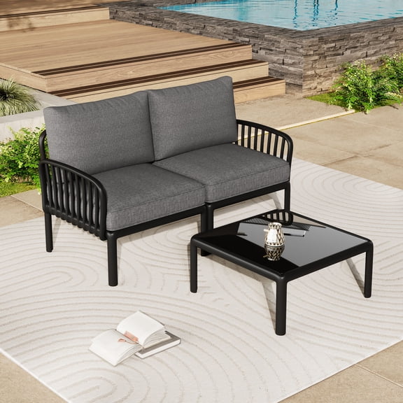 2 Person Outdoor Set, Square Coffee Table - Waterproof Cushion Covers - Porch Gathering - Stable Structure
