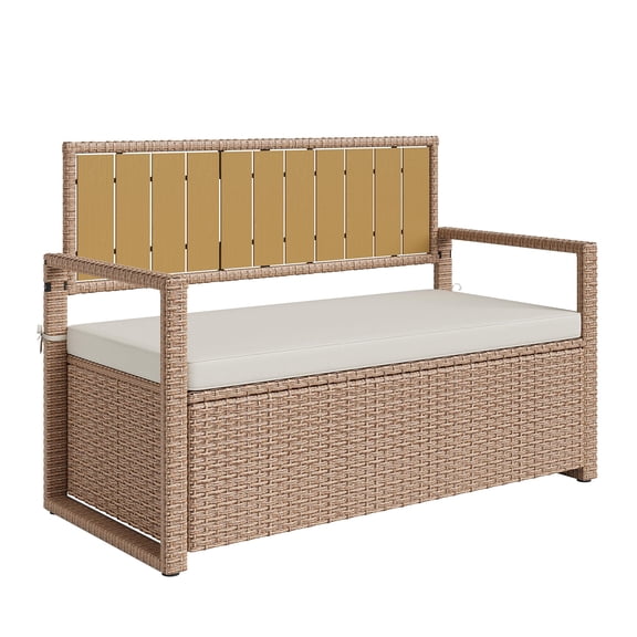 2-Person Outdoor Storage Bench with Cushion – Waterproof PE Rattan Deck Box – Backrest & Armrests – Metal Frame for Garden, Balcony, Porch, Pool, or Yard – Yellow Rattan with White Cushion