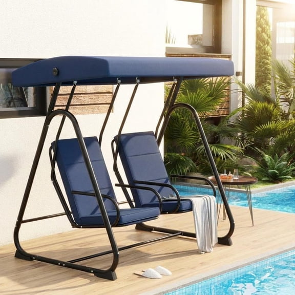 2 Person Outdoor Swing Chair with Canopy, Heavy Duty Patio Glider Bench, High Back Support, Detachable Cushions, Separate Seats for Garden, Balcony, Poolside, Backyard, Dark Blue