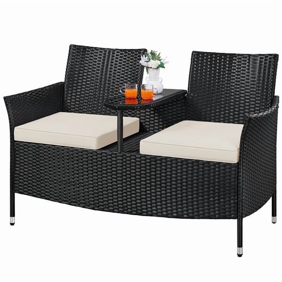 2-Person Patio Conversation Chair with Built-In End Table, Outdoor Wicker Loveseat Rattan Sofa with 2.4" Removable Cushions for Backyard Garden Porch