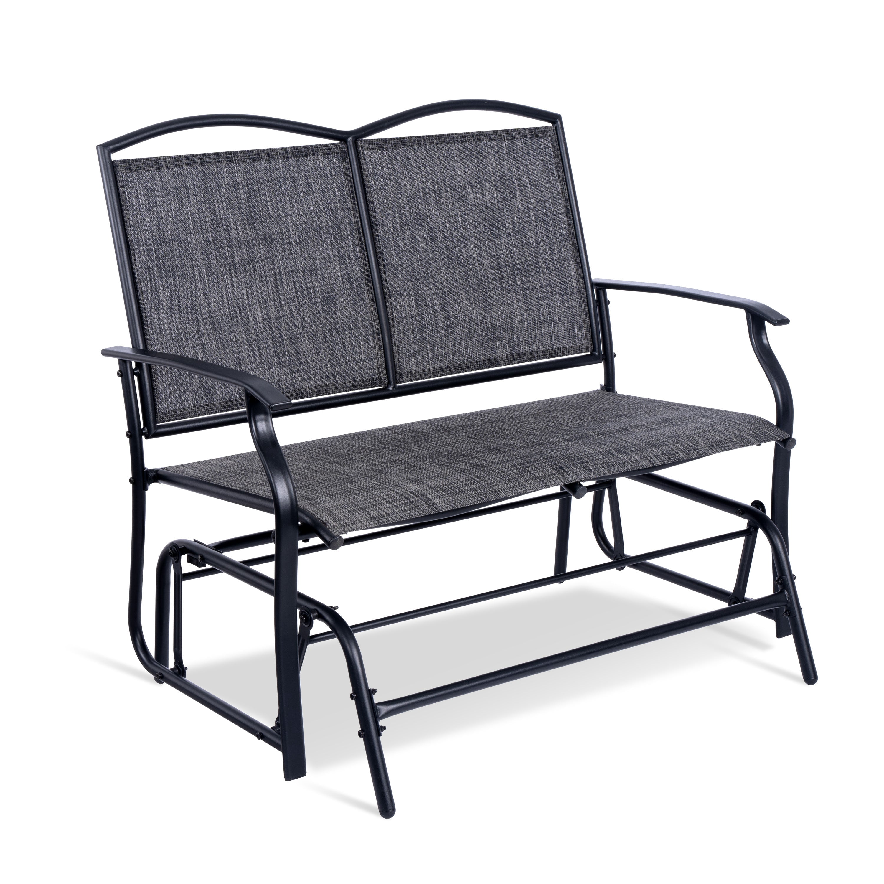 Backyard Expressions 2-Person Outdoor Glider Bench, Patio Double Swing Rocking Chair Loveseat w/Powder Coated Steel Frame for Backyard Garden Porch, Black Frame - Heathered Grey Sling Fabric