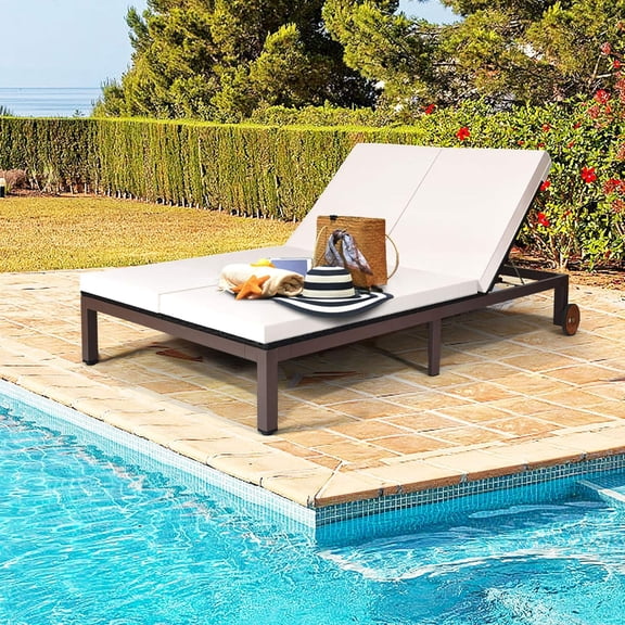 2-Person Patio Rattan Recliner Chair W/Wheels & Cushion, Double Wicker Daybed Chaise Lounge Chair with Adjustable Backrest, Outdoor Furniture Conversation Set for Garden Lawn, White