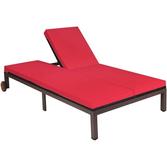 2-Person Patio Rattan Recliner Chair W/Wheels & Cushion, Double Wicker Daybed Chaise Lounge Chair with Adjustable Backrest, Outdoor Furniture Conversation Set for Garden Lawn, Red