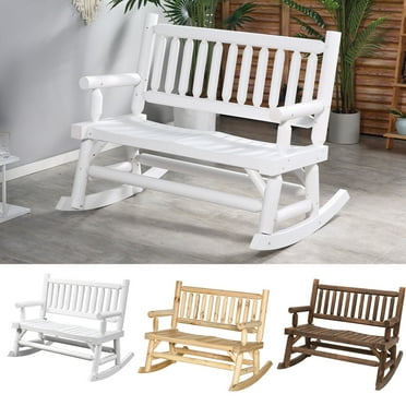 2-Person Patio Rocking Chair Wooden Log Loveseat Rocker Backyard Garden
