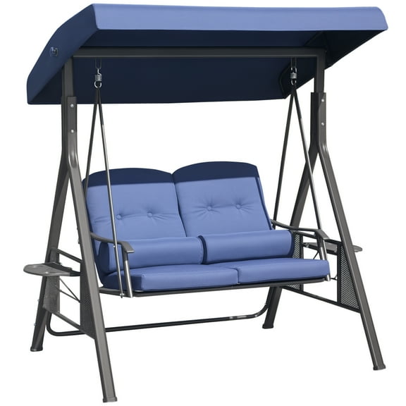2-Person Patio Swing Bench with Adjustable Shade Canopy, Soft Cushions, Throw Pillows and Tray, Dark Blue