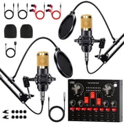 2-Person Podcast Equipment Bundle with Dual BM800 Microphones, V8K Live Sound Card & Mixer for PC/Mobile Live Streaming, Singing, Gaming, Voice Changer