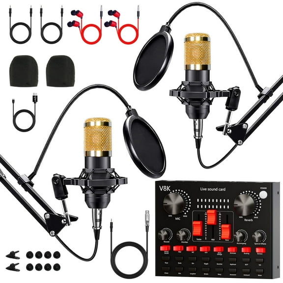 2-Person Podcast Equipment Bundle with Dual BM800 Microphones, V8K Live Sound Card & Mixer for PC/Mobile Live Streaming, Singing, Gaming, Voice Changer