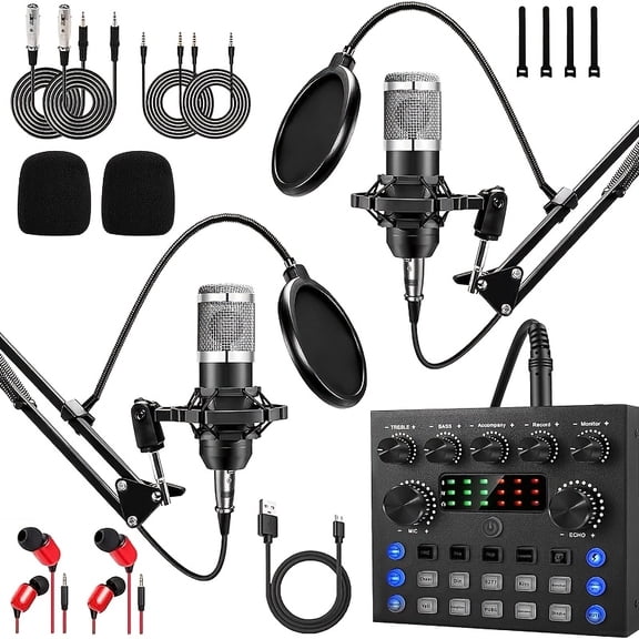 2-Person Podcast Kit with BM800 Mics & F998 Sound Card, Plug and Play for Phone, PC, Live Streaming and Recording