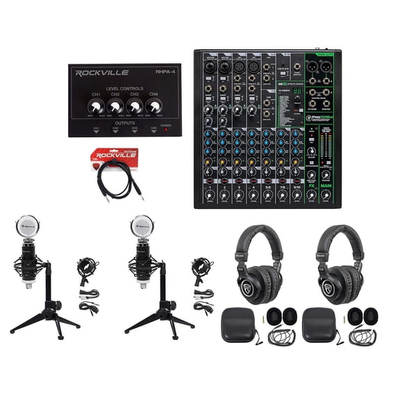 2-Person Podcast Podcasting Recording Kit w/Mackie ProFX10 v3 Mixer+Desk Stands