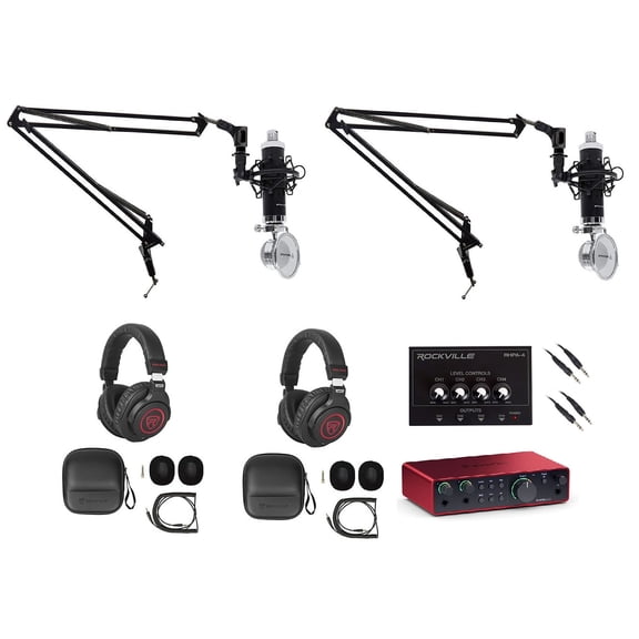 2-Person Podcast Podcasting Recording Kit w/Scarlett 2i2 4 Gen Interface+Booms