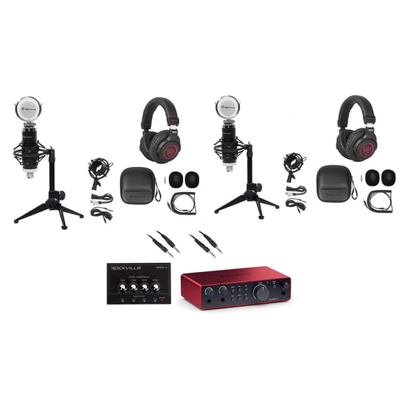 2-Person Podcast Podcasting Recording Kit w/Scarlett 2i2 4 Gen Interface+Stands