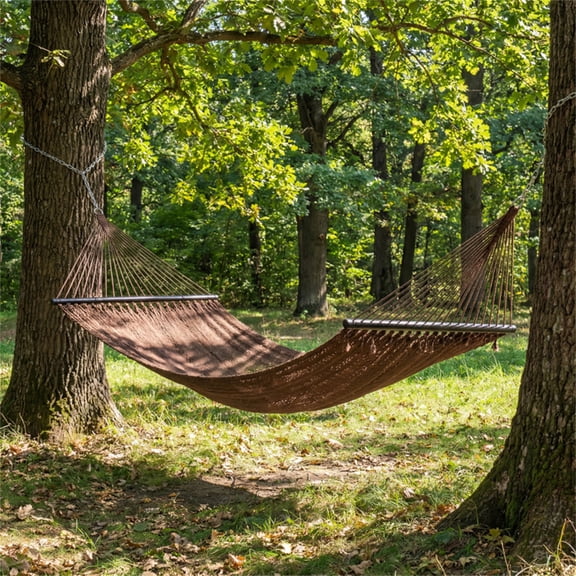 2-Person Polyester Caribbean Hammock with Hardwood Spreader Bars 600 lbs Weight Capacity Brown for Patio & Garden
