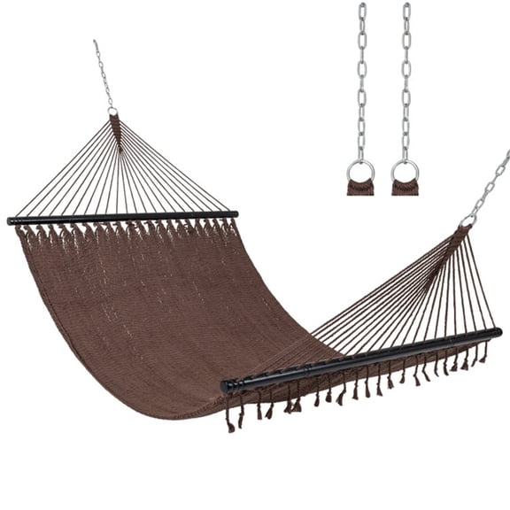 2-Person Polyester Caribbean Hammock with Hardwood Spreader Bars, 600lbs Weight Capacity Double Hammock for Patio Garden-Brown