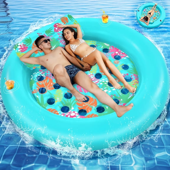 2-Person Pool Floats Adult Heavy Duty, 75"X75" Inflatable Pool Mats with Cup Holders, Detachable Headrest, for Backyard, Water Party, Pool, Lake, Beach, Outdoor