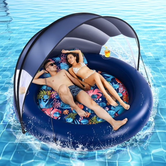 2-Person Pool Floats Adult Heavy Duty, Giant 75"X75" Inflatable Tanning Pool Mats with Cup Holders, Detachable Headrest, Multi-Purpose Water Lounger for Pool Party, Lake, Beach, River, Outdoor