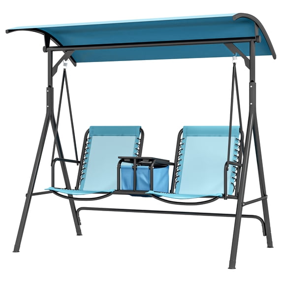 2 Person Porch Swing with Canopy, Storage Table, Cup Holder, Blue