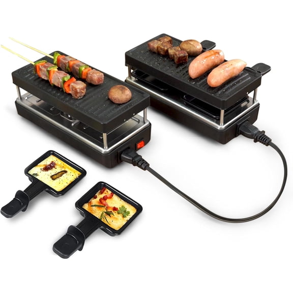 2-Person Raclette Table Grill - Indoor Non-stick Electric Grill Griddle - Series Connection Contact Grill up to 4 Grills 2 Paddles Included 2 Packs BC-02