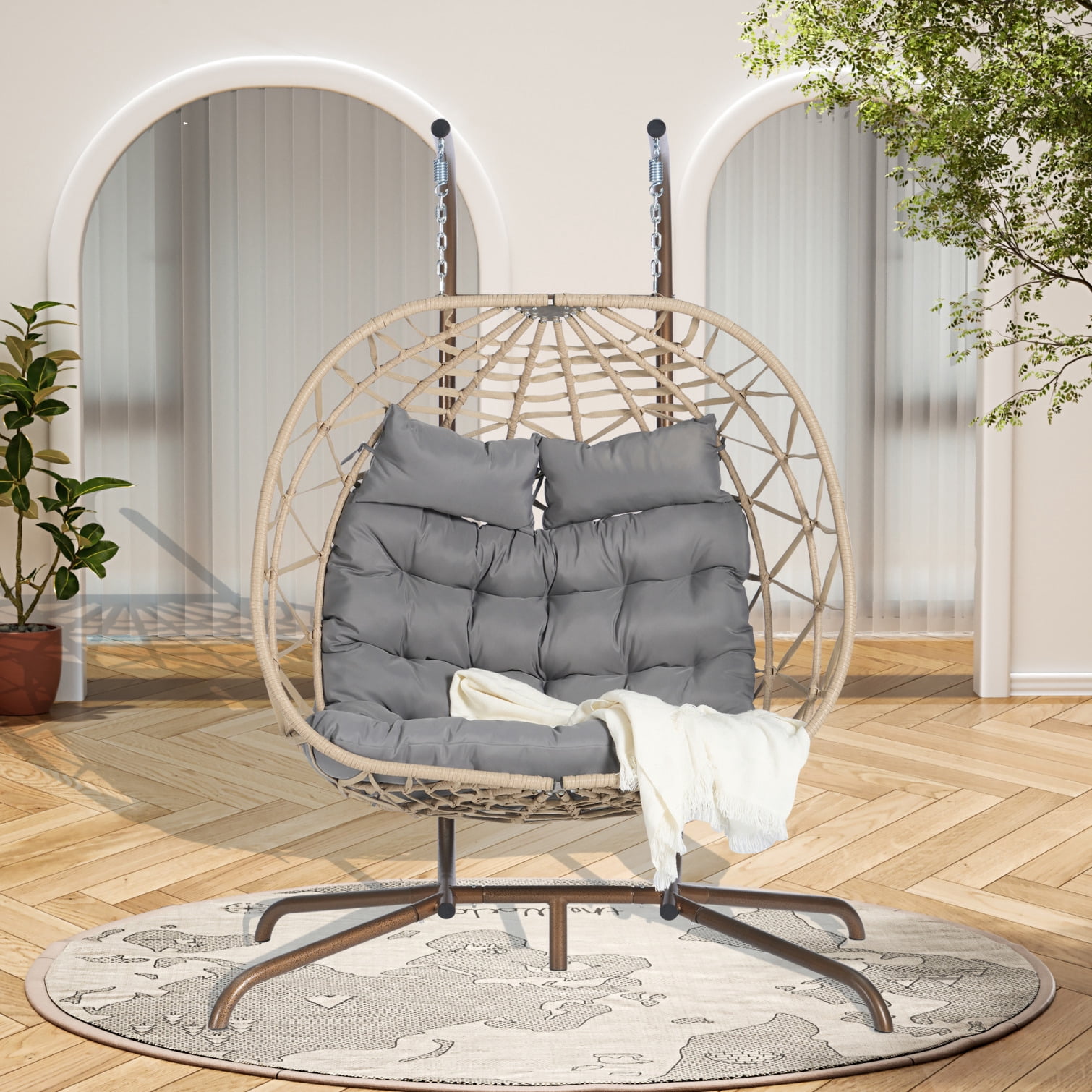 Sia 69 Inch Outdoor Swing Hanging Loveseat Chair, Rattan Basket Seat, White By Casagear Home