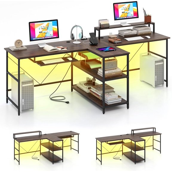 2-Person Reversible Computer Desk with LED Lights, 94.5” Long Office Desk with Power Outlets, Monitor Stand, Keyboard Tray & 2 Storage Shelves, Double Desk for Gaming Working Writing (Walnut)