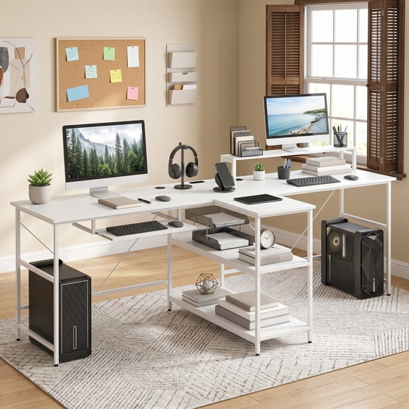 2-Person Reversible Computer Desk with LED Light & Power Outlet, Long Home Office Desk with Storage Shelves,White